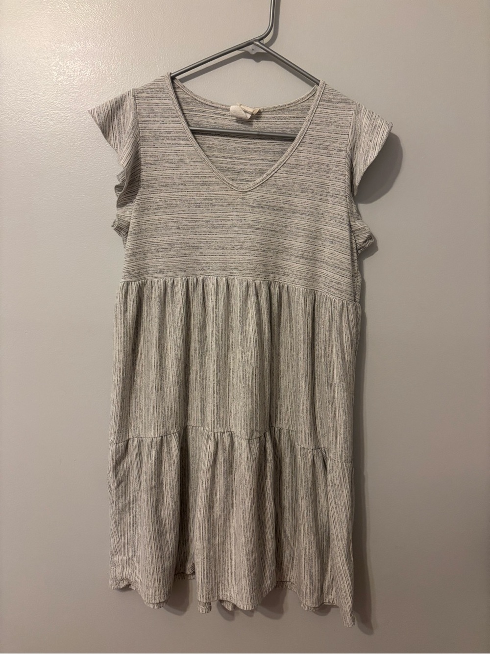 Caution To The Wind Light Heather Gray Striped V-Neck Tiered Mini Dress